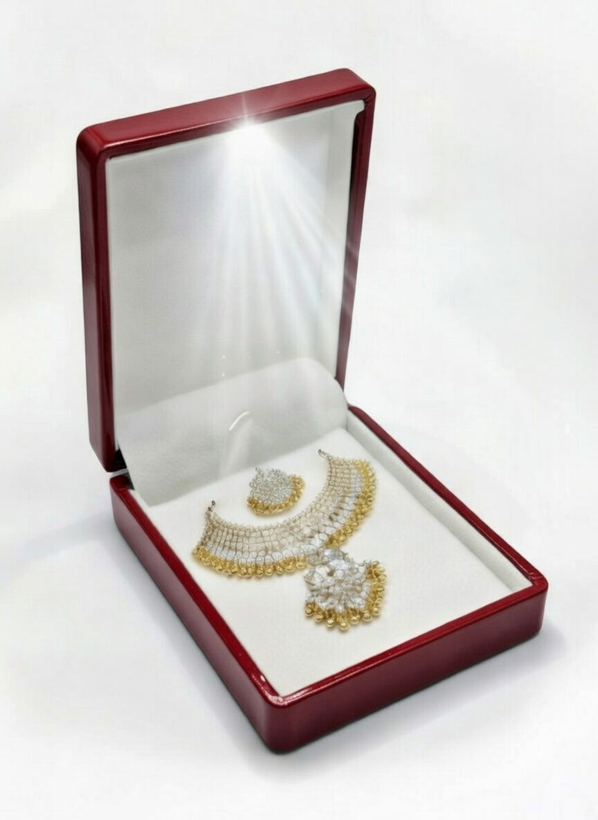 Luxury octagonal LED jewelry box by 7AGAT with compartments for necklaces, earrings, and special occasions.