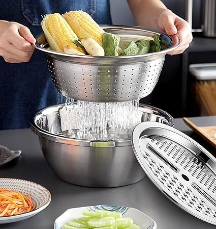 7AGAT stainless steel mixing bowl set with colander and grater lid, multi-purpose kitchen basins for washing and food preparation