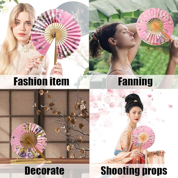 Red floral pattern traditional round folding hand fan by 7AGAT with wooden stand, ideal for weddings and dance performances.