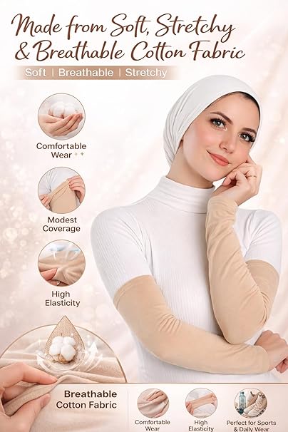 Cotton arm sleeves for women by 7AGAT, breathable stretch fabric, providing modest coverage for sports or daily wear.