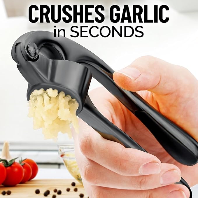 7AGAT heavy-duty metal garlic press with ergonomic ABS handle and non-slip grip, ideal for sauces, marinades, and dressings.