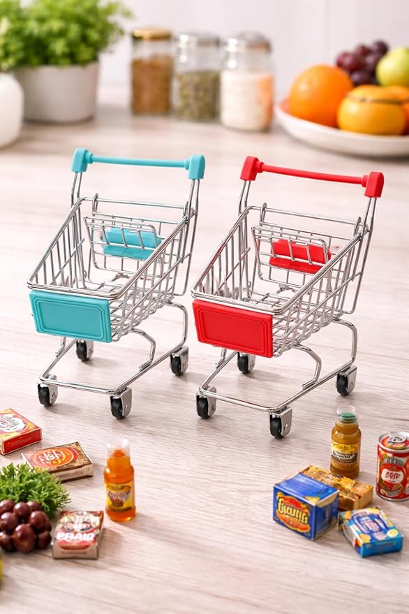 Mini metal shopping cart set with rolling wheels, desktop organizer and decorative basket for gifts, candy, and party favors.