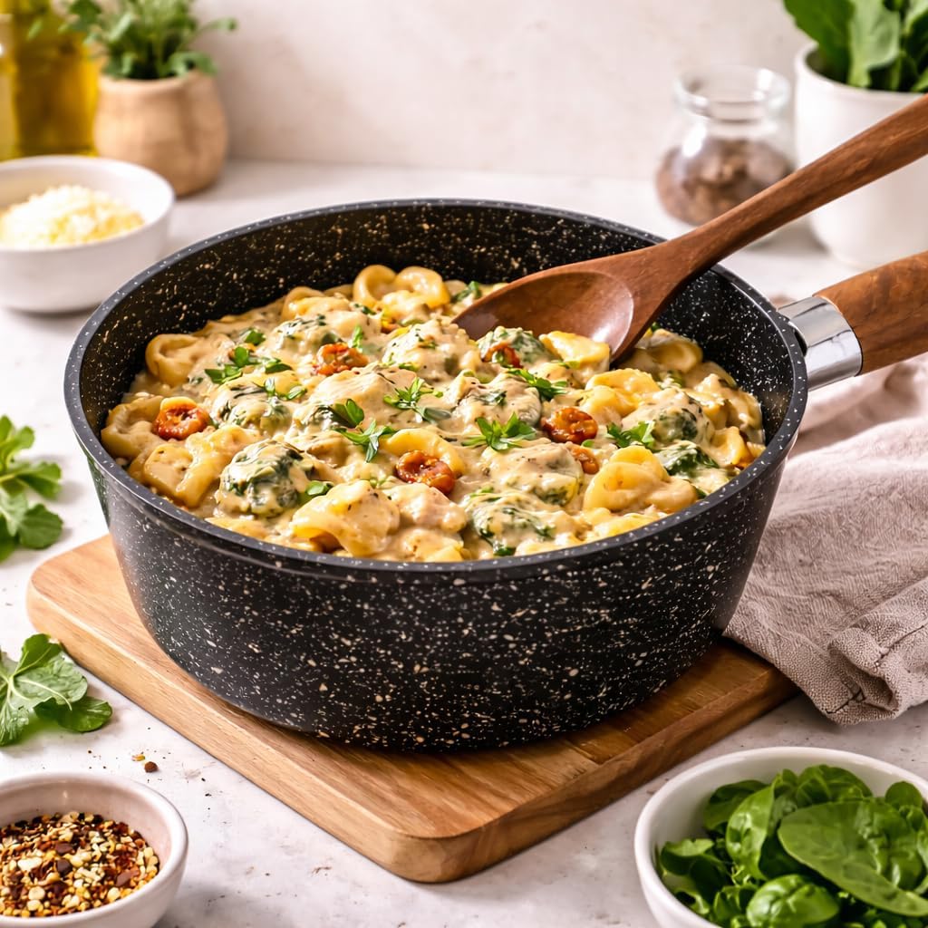 7AGAT non-stick saucepan with wooden handle, granite speckled coating, ideal for sauces, soups, and pasta, easy to clean.