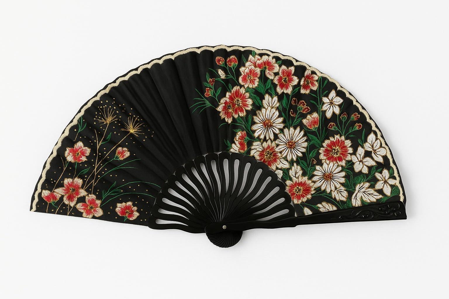 Elegant handheld folding fan with silk fabric, featuring Chinese and Spanish design motifs, perfect for weddings, parties, and performances.
