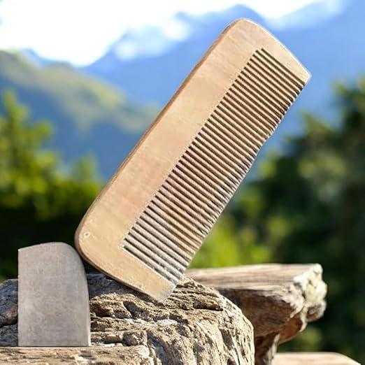 Natural wooden hair comb with smooth rounded teeth, anti-static design for men, women, and kids, by 7AGAT.