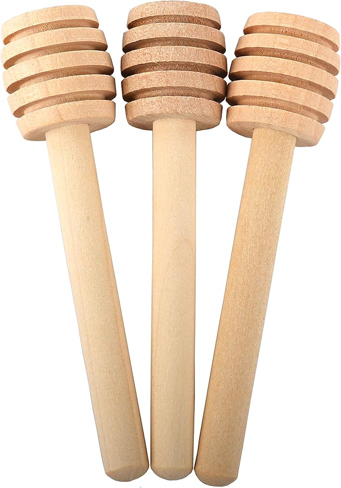 Set of three wooden honey dipper sticks from 7AGAT, mini honey spoons for honey jars, dispensing, mixing, and stirring.