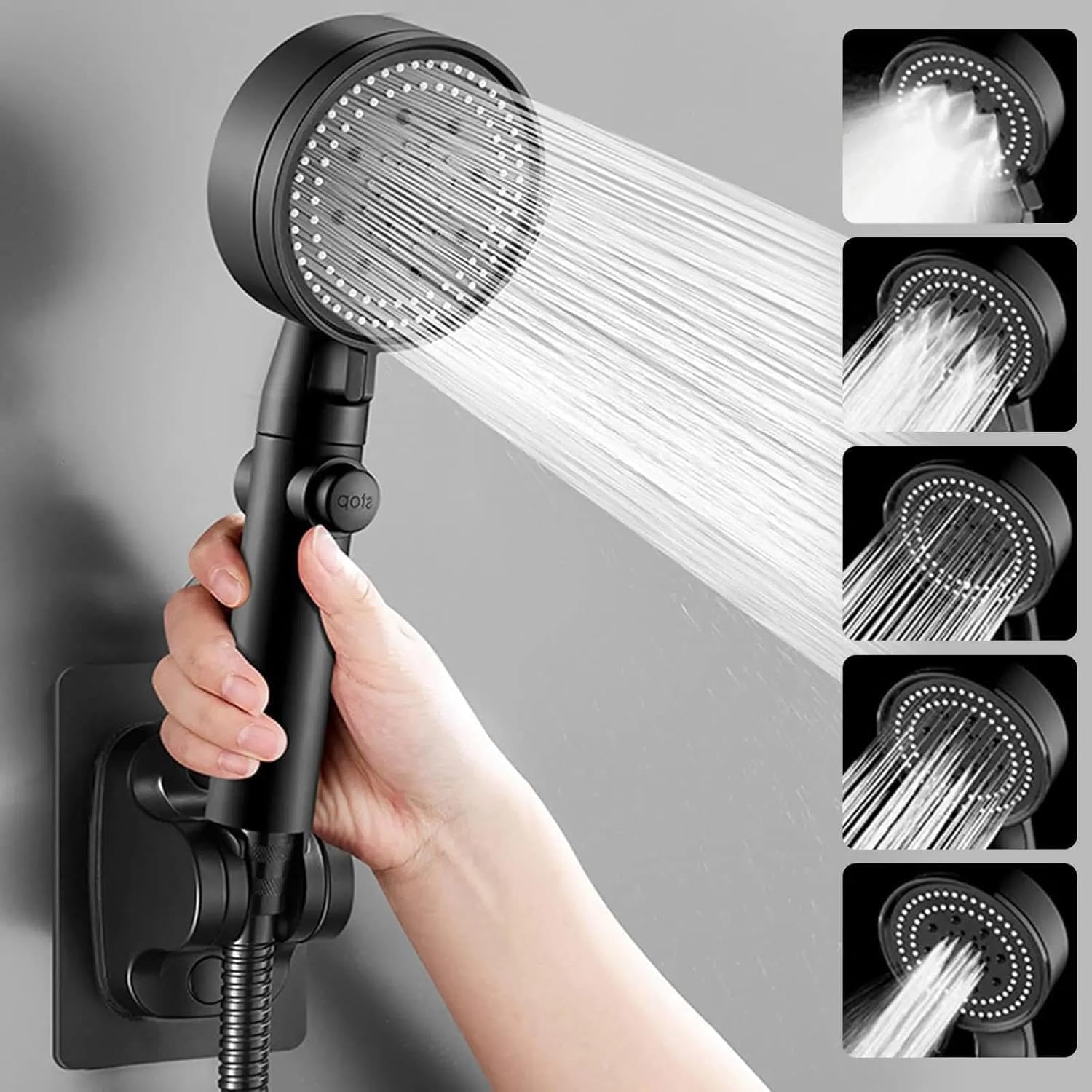 Black 7AGAT high pressure shower head with 6 adjustable speeds, 22 cm length, designed for bathroom fixtures.