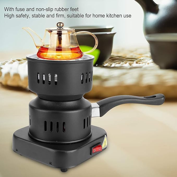 7AGAT electric charcoal burner with 1000W power, metal coal starter, heat-resistant handle, black barbecue accessory.