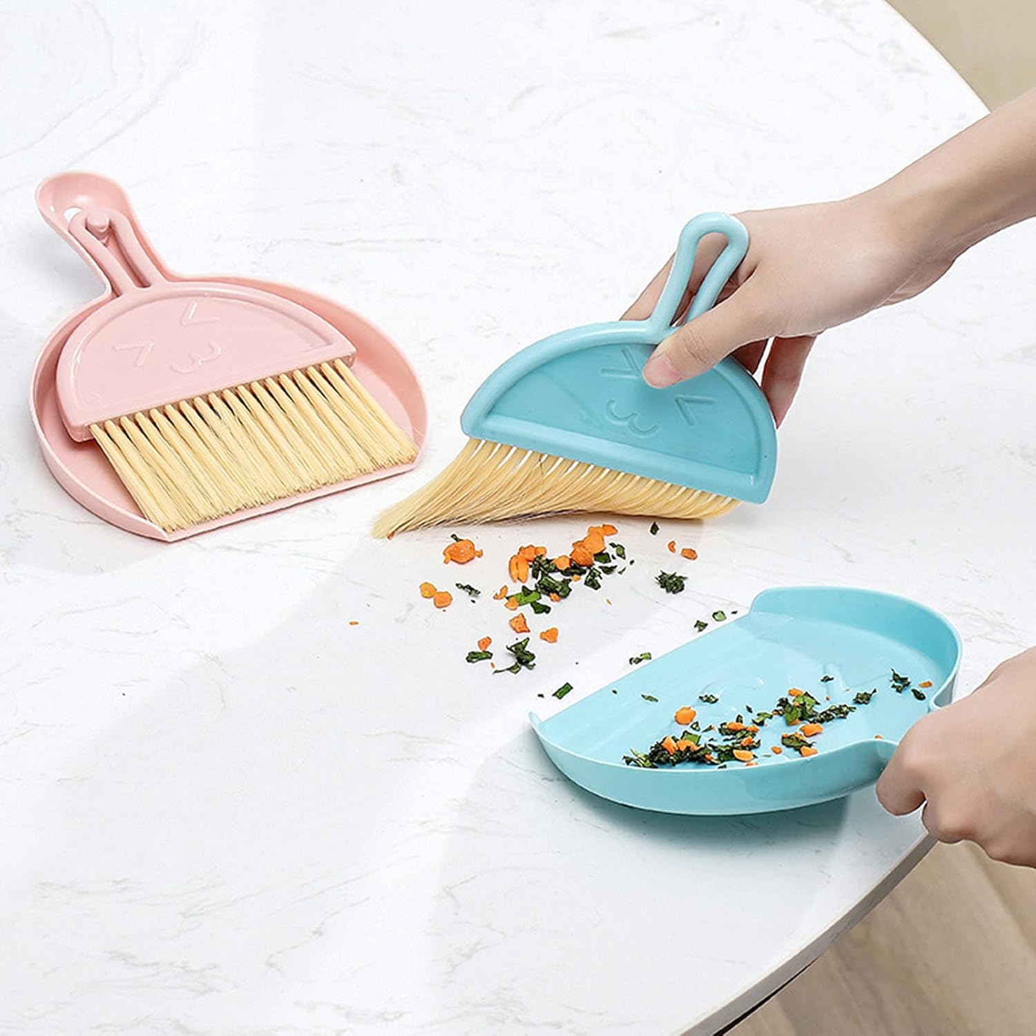 Colorful mini cleaning brush and dustpan set with soft bristles, compact and portable for desk, kitchen, and office cleaning by 7AGAT.