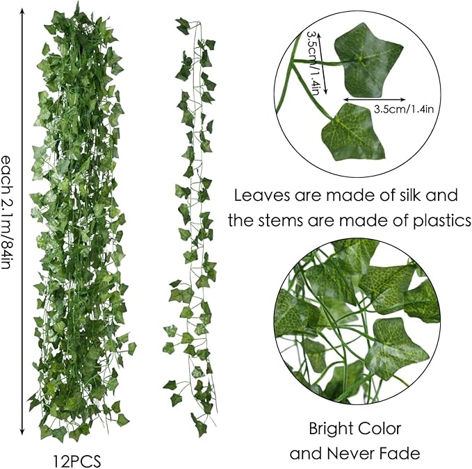 Artificial ivy vine garlands, 12-pack, lush green hanging greenery for room decor, weddings, and outdoor garden decoration.