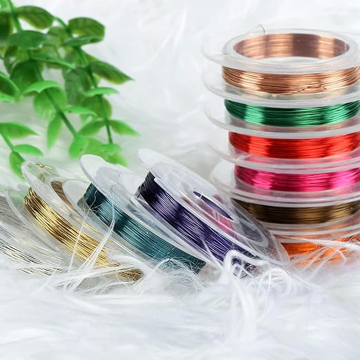 Set of 10 mixed color copper beading cords, 0.3mm thick, 10m long for jewelry making and crafting projects.