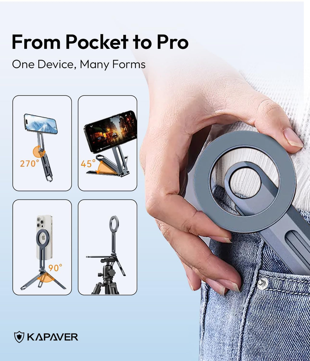 7AGAT MagSafe magnetic phone mount with foldable design and 1/4" tripod mount for photography and content creation.