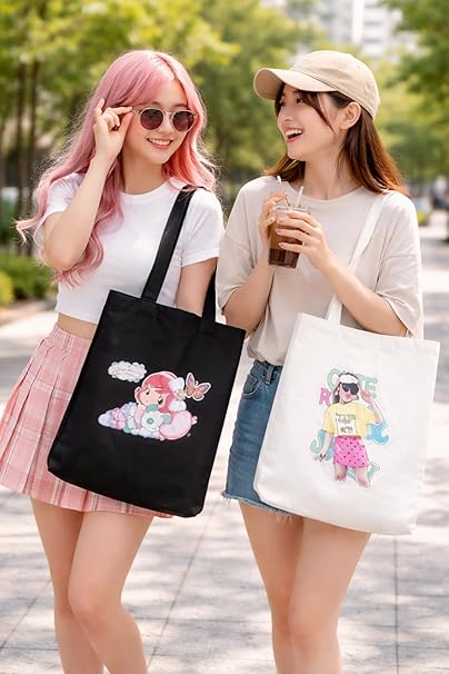 Black and white canvas tote bag set by 7AGAT with reusable fabric design, ideal for shopping, college, and daily use.