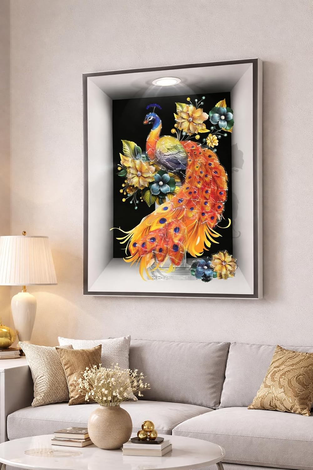 3D peacock wall sticker with gold decorative frame, luxury realistic wallpaper decor, 30x40 cm with spotlight effect, by 7AGAT