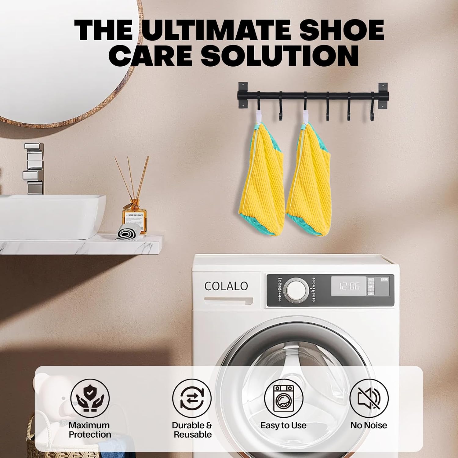 7AGAT shoe washing machine bag in use, heavy-duty laundry net for sneakers and delicate shoes for washer and dryer cleaning.