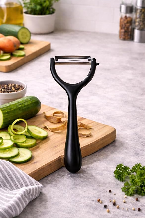 Black Y-shaped vegetable peeler with stainless steel blade and ergonomic plastic handle, ideal for peeling potatoes, carrots, and fruits.