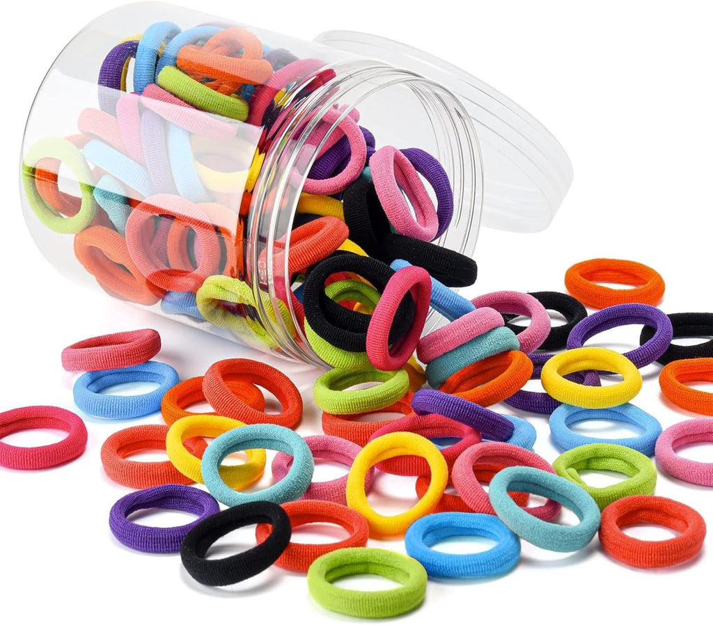 Set of 100 small elastic baby hair ties and ponytail holders for girls, made by 7AGAT, suitable for gentle hair styling.