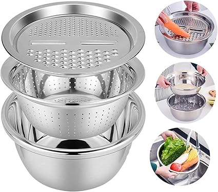 Set of three stainless steel mixing bowls with colander and grater lid from 7AGAT, ideal for washing, mixing, and food prep.