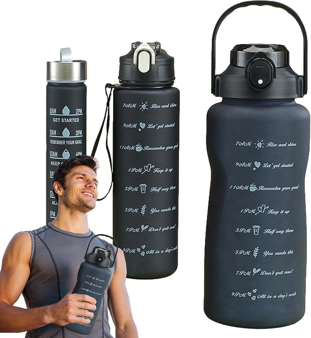 3-Piece Sports Water Bottle Set with Time Markers, Black, Flip-Top Lids and Carrying Handles for Gym, Work, Travel and Outdoor Use