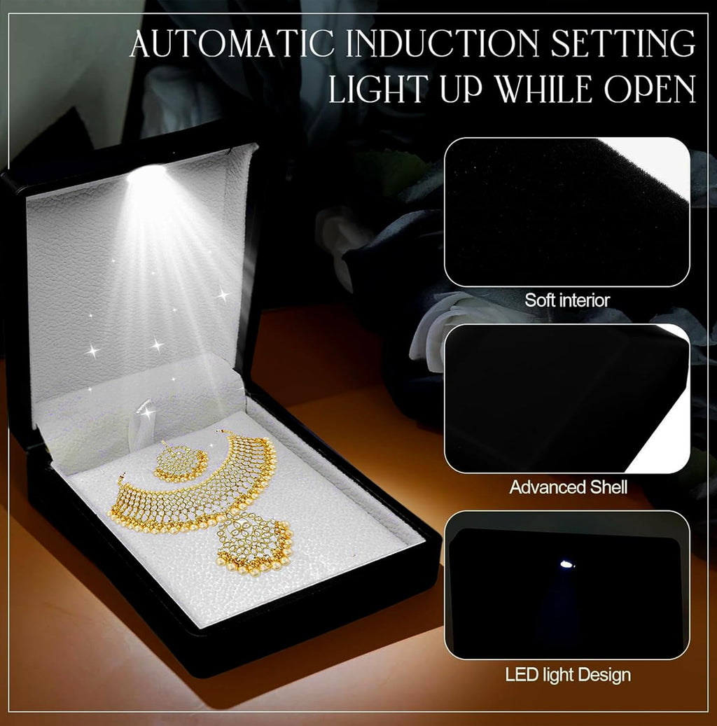 Luxury octagonal LED jewelry box by 7AGAT with compartments for necklaces and earrings, illuminated interior for elegant storage.