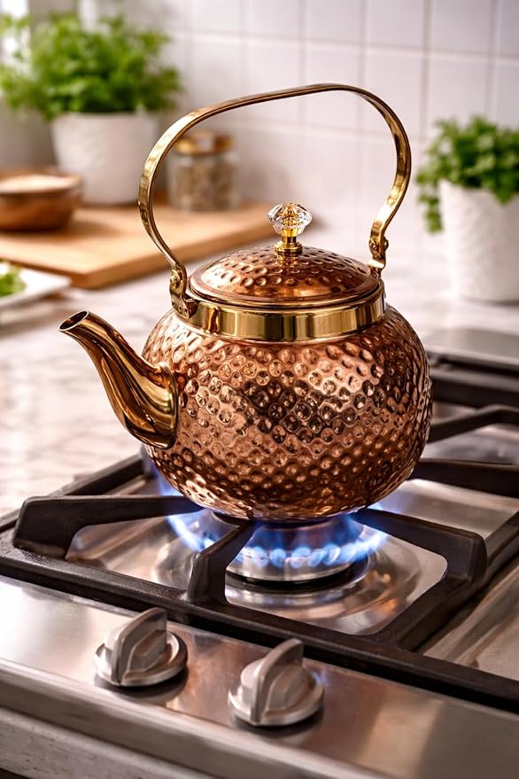 7AGAT hammered copper stainless steel tea kettle with removable infuser, 1.6L, stovetop safe for tea or coffee brewing.