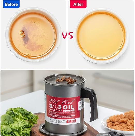 7AGAT stainless steel oil strainer pot with fine mesh filter, 1.4L oil dispenser for frying oil and cooking grease.