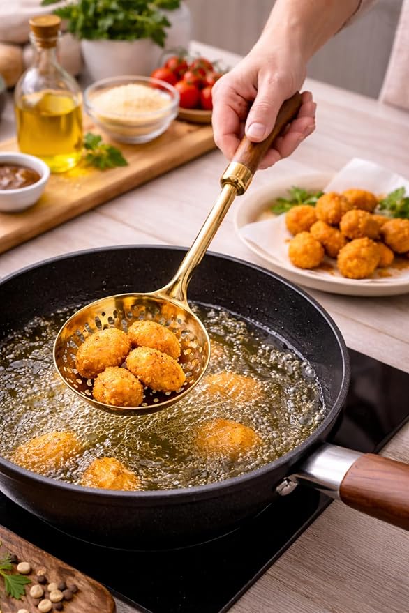 7AGAT stainless steel kitchen utensil with ergonomic handle, heat resistant, dishwasher safe for frying, serving, and cooking.