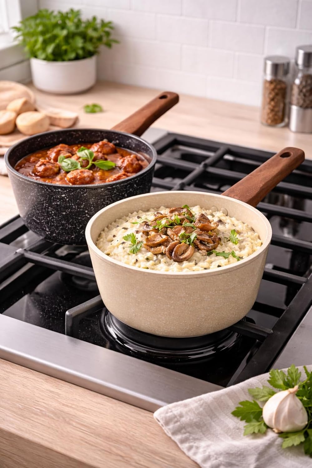 7AGAT non-stick saucepan with wooden handle, granite speckled coating, ideal for milk, sauce, soup, and pasta cooking.
