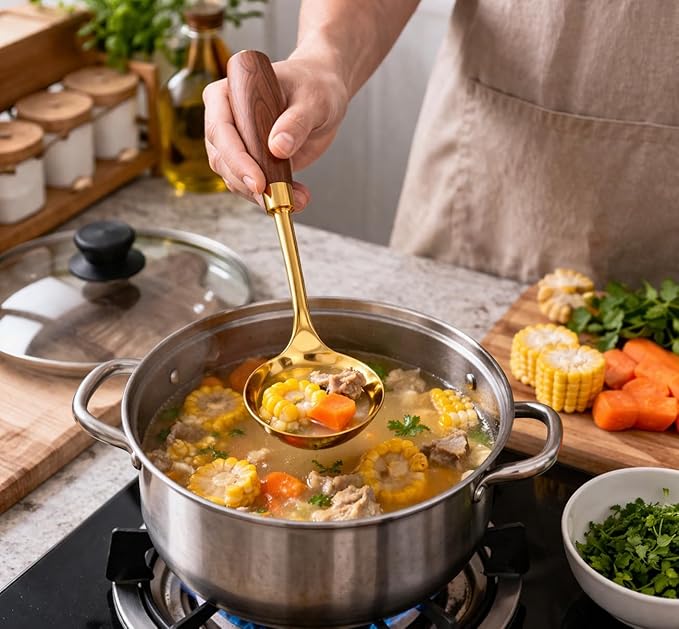 7AGAT stainless steel kitchen utensil with ergonomic handle, heat resistant, ideal for frying, serving, and cooking, dishwasher safe.