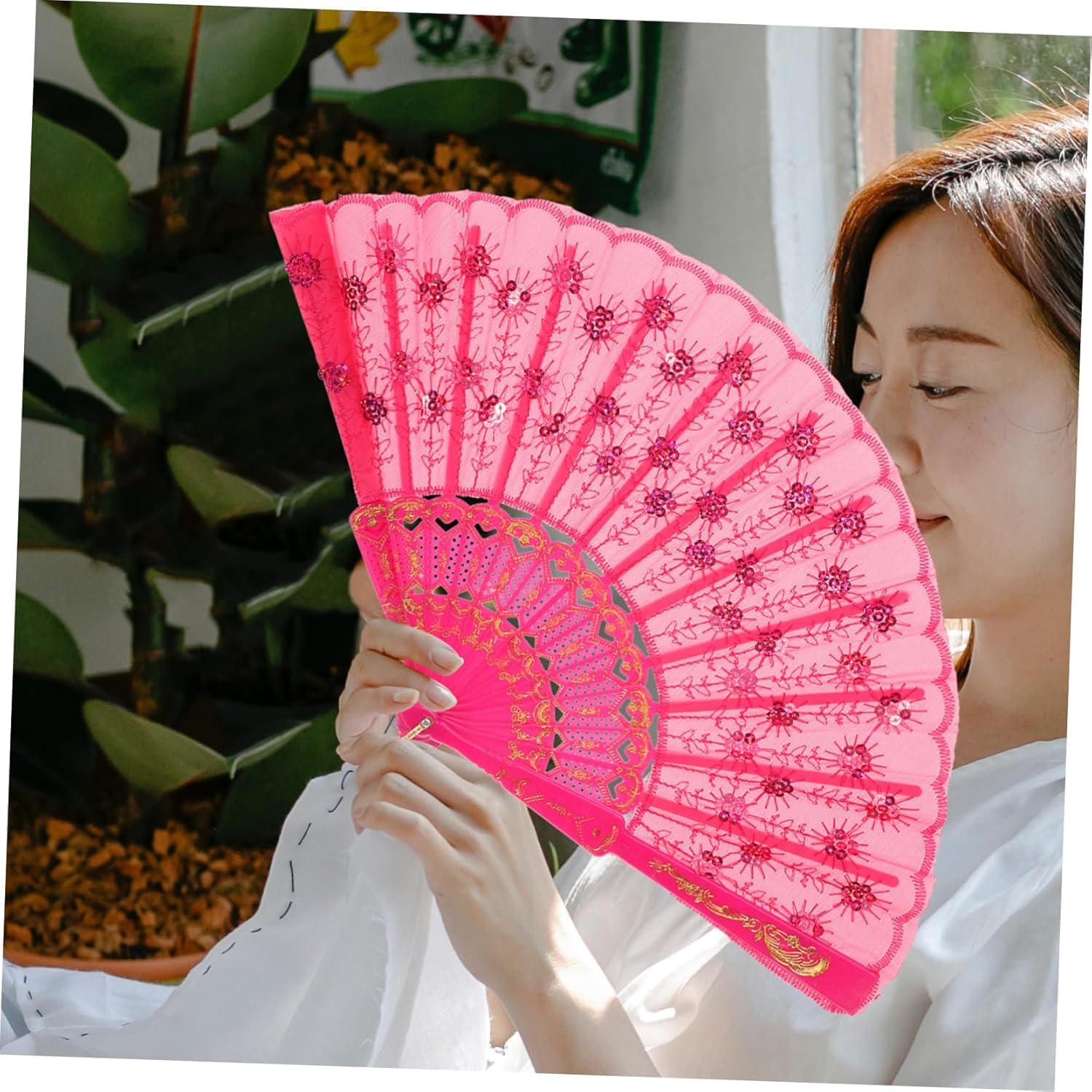 Elegant 7AGAT classic silk handheld folding fan with intricate Chinese and Spanish style design, ideal for weddings and celebrations.