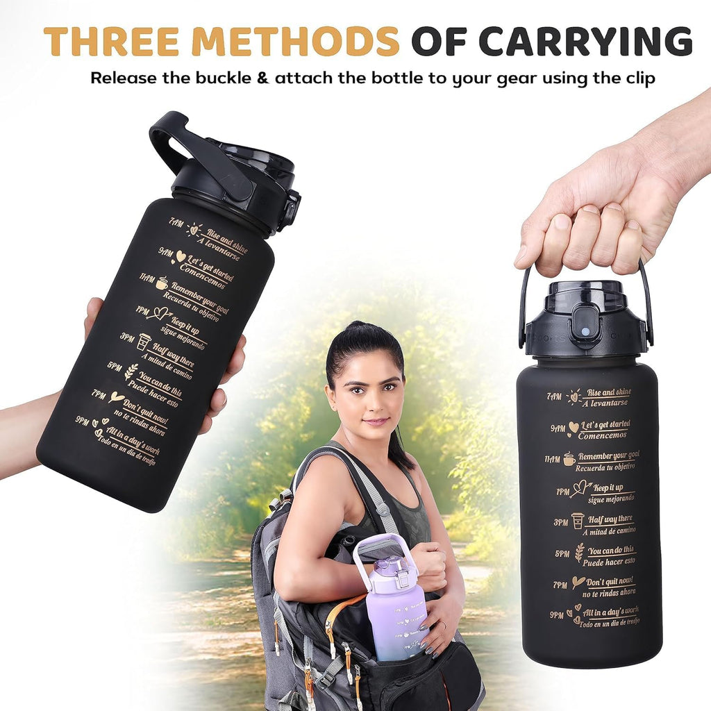 3-Piece Sports Water Bottle Set with Time Markers, Black, Flip-Top Lids and Carrying Handles for Gym, Work, Travel and Outdoor Use