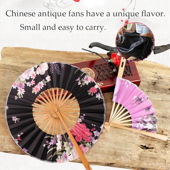 Vibrant red floral pattern traditional round folding hand fan with wooden stand by 7AGAT, ideal for weddings and dance accessories.