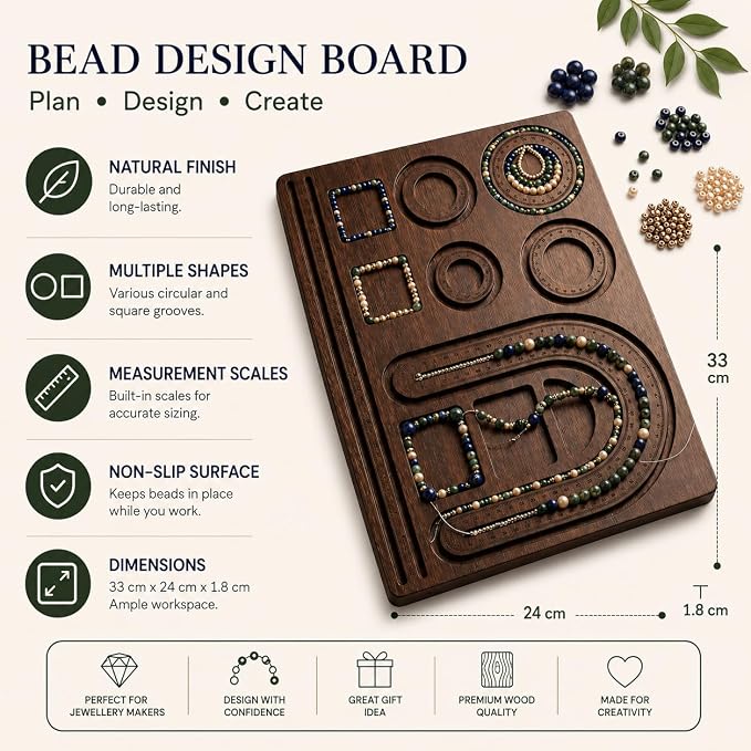 Wooden Bead Design Board for Jewellery Making, Natural Wood Finish with Measurement Scales and Multiple Grooves