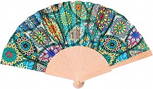 7AGAT folding hand fan with wooden handle and vintage fabric pattern, featuring colorful decorative design for summer cooling.