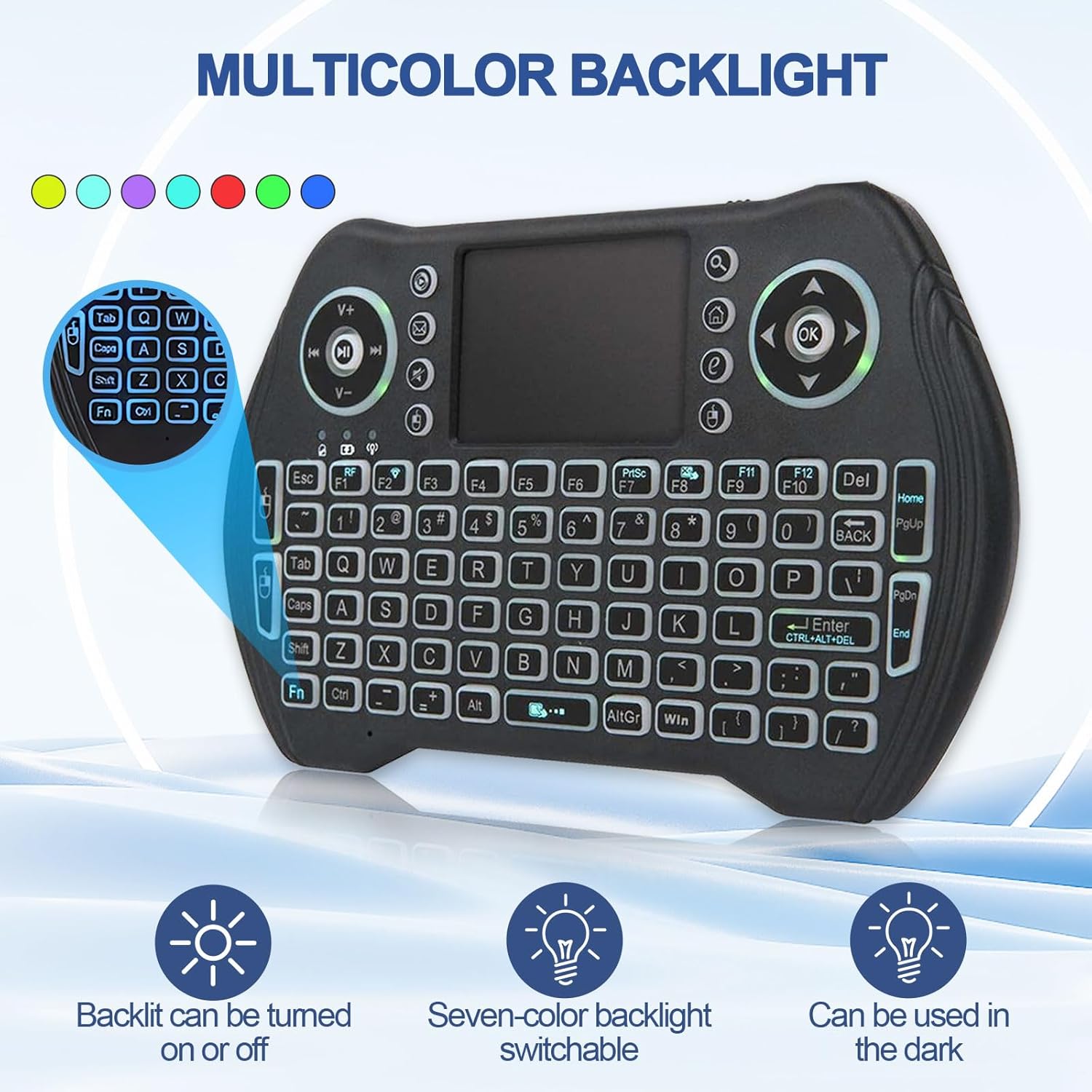 Mini wireless keyboard with touchpad and multimedia keys by 7AGAT, rechargeable battery, compatible with Android TV, PC, PS3, and more.