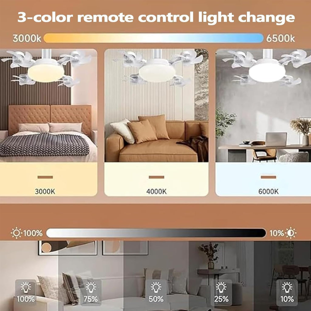 White 7AGAT ceiling fan with flower-style blades, LED light, remote, E27 socket, 3-color dimmable, low noise, ABS and metal construction