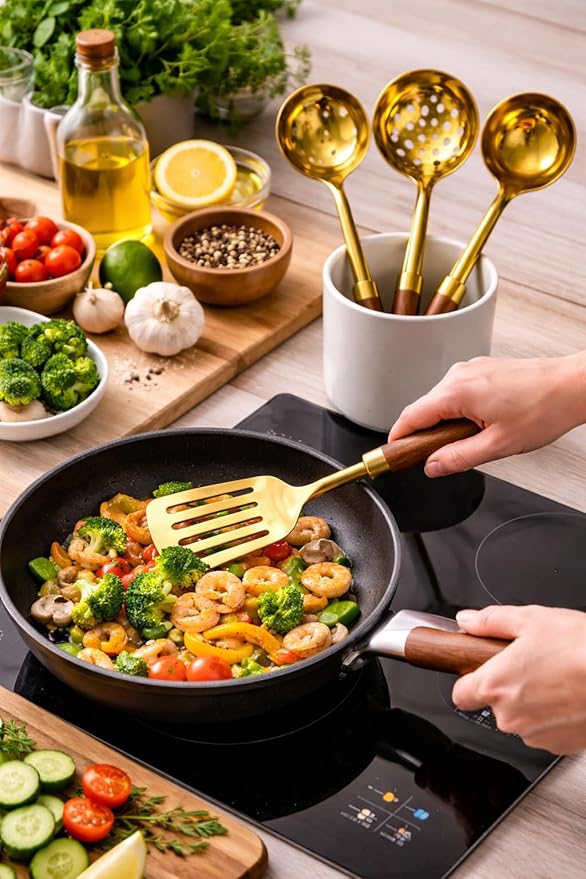 Stainless steel kitchen utensil with ergonomic handle, heat resistant for frying, serving, and cooking, dishwasher safe by 7AGAT.