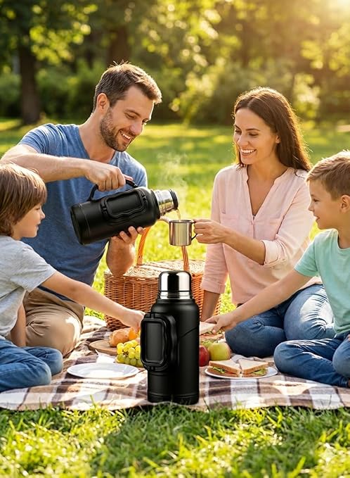 7AGAT 1200ml matte black stainless steel vacuum insulated water bottle with handle, double-wall design, keeps drinks hot 12h and cold 24h