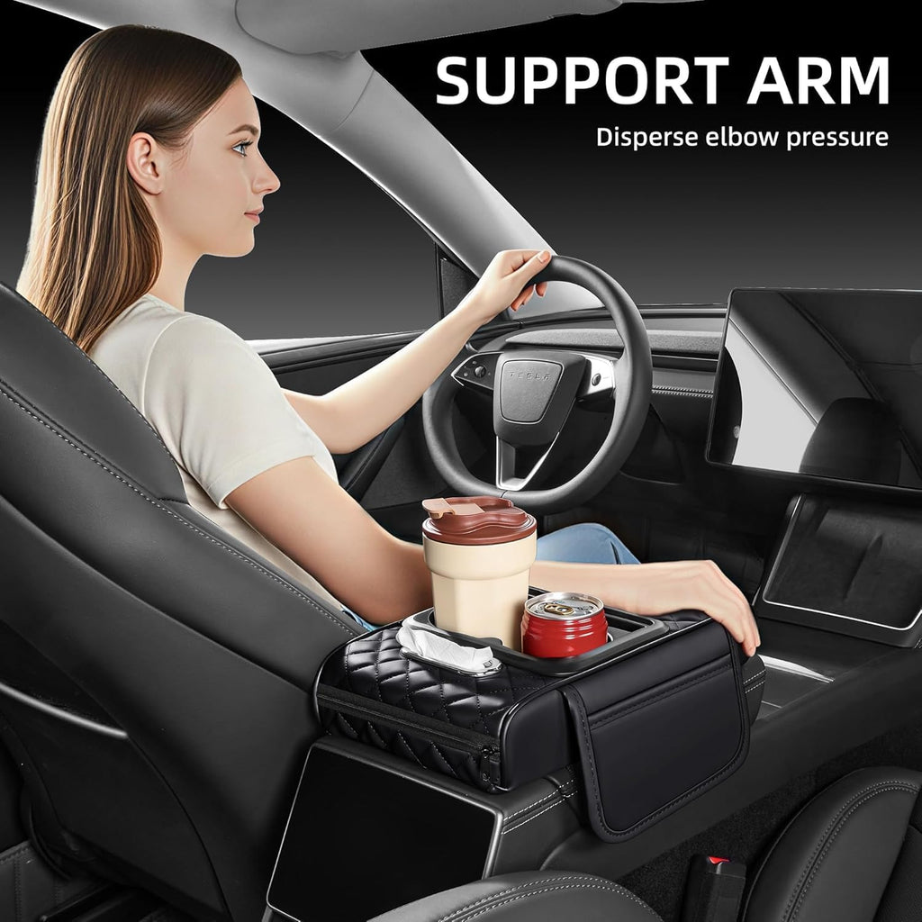 Car Armrest Cover Organizer, Leather, Rhombus Padded Style, with 2 Cup Holders and Tissue Opening, 35 x 20 x 8 cm