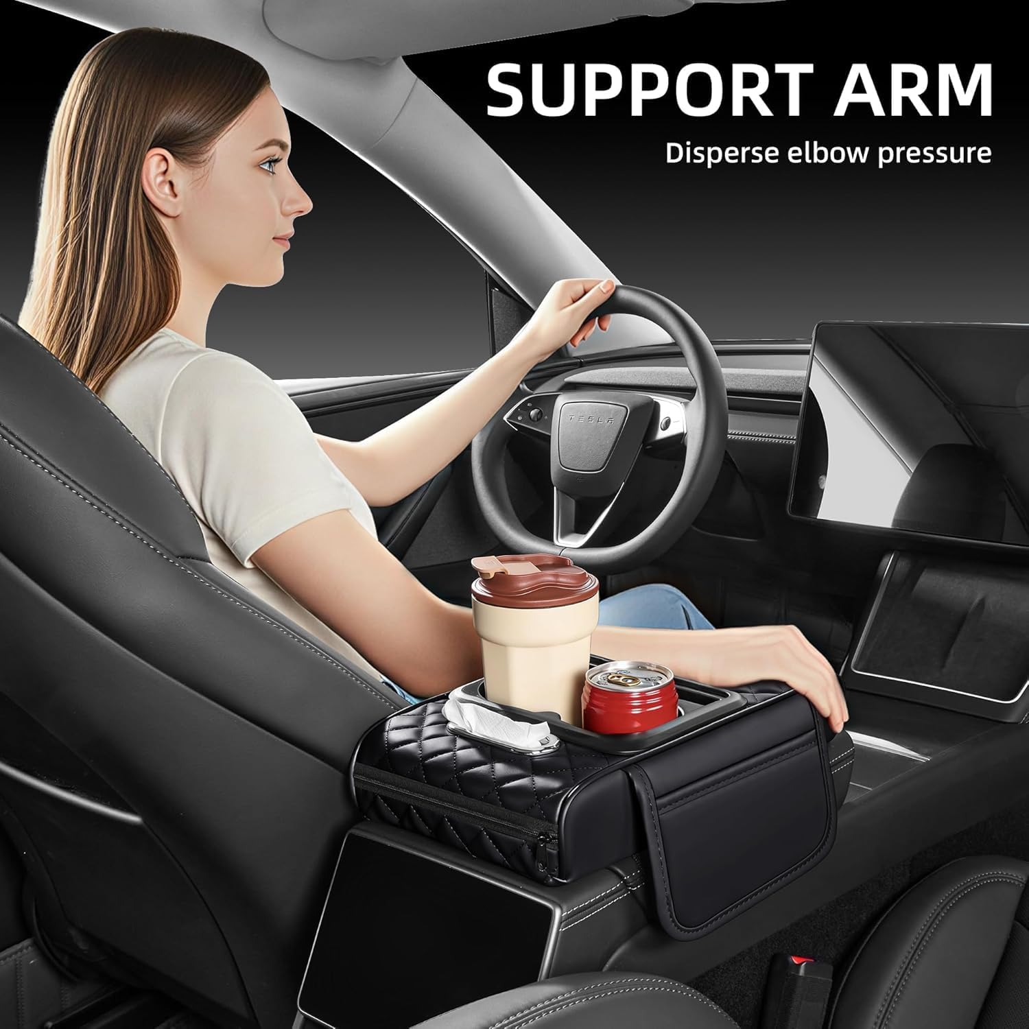 Car Armrest Cover Organizer, Leather, Rhombus Padded Style, with 2 Cup Holders and Tissue Opening, 35 x 20 x 8 cm