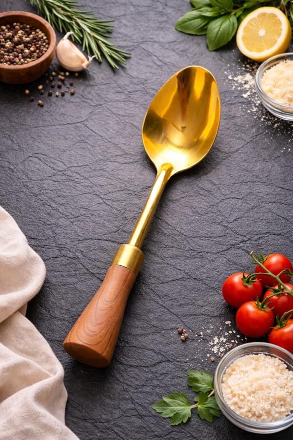 7AGAT stainless steel kitchen utensil with ergonomic handle, heat resistant, suitable for frying, serving, and cooking. Dishwasher safe.