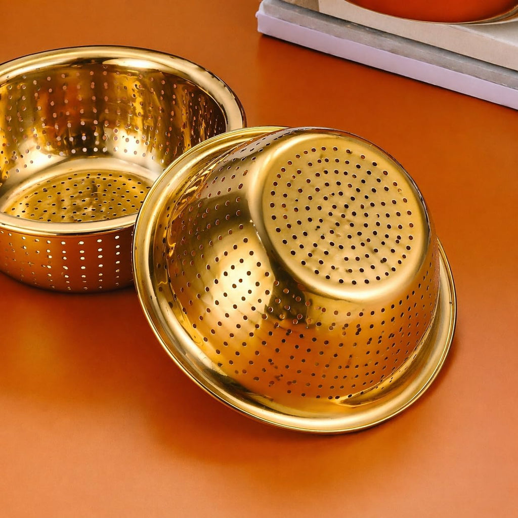 Set of 3 stainless steel bowls with gold finish by 7AGAT, featuring colander design for food prep, washing, and serving.
