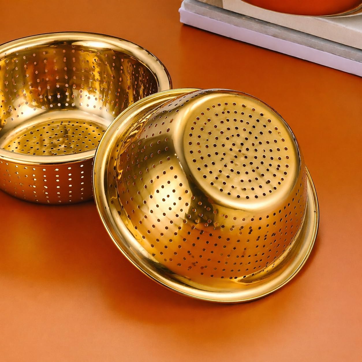 Set of 3 stainless steel bowls with gold finish by 7AGAT, featuring colander design for food prep, washing, and serving.