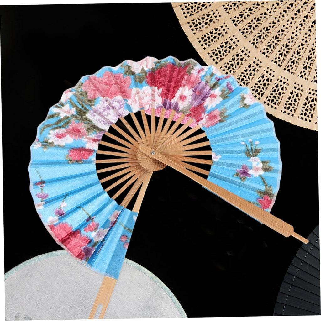 Red traditional round folding hand fan with floral pattern and wooden stand, ideal for weddings and dance performances.