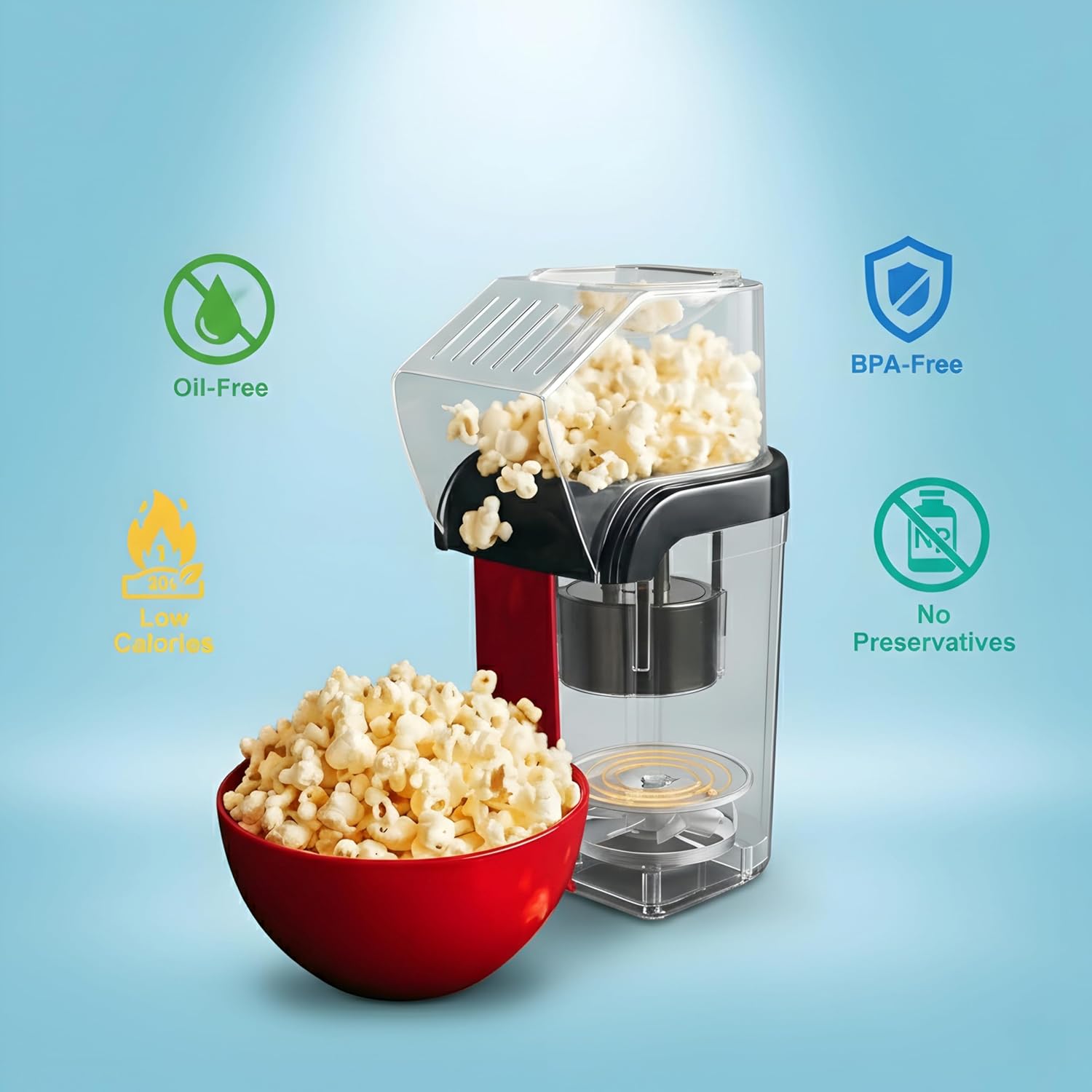 7AGAT hot air popcorn popper machine for healthy, oil-free popcorn, ideal for movie nights and home parties.