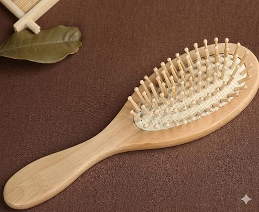 Natural wooden hair brush by 7AGAT with wide teeth, designed for scalp massage and gentle detangling for all hair types.