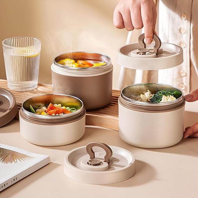 Stackable beige and brown 7AGAT Shopping thermal lunch box with stainless steel and BPA-free plastic, leak-proof design with handle.