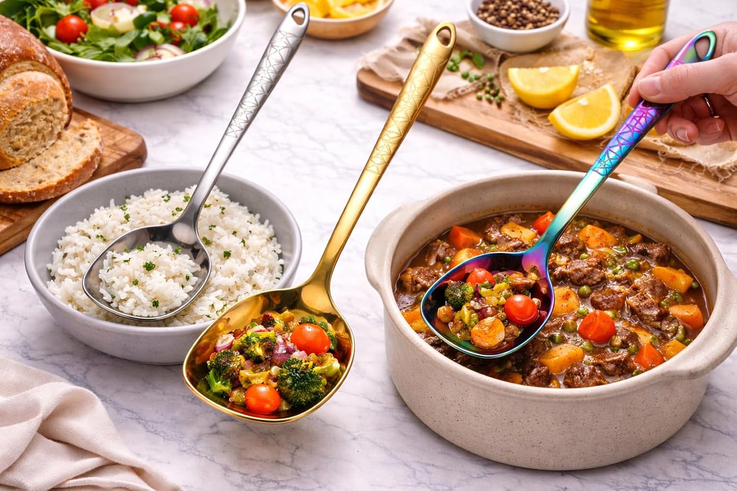 7AGAT stainless steel kitchen utensil with ergonomic handle, heat and rust-resistant, dishwasher safe in silver, gold, and rainbow finishes.