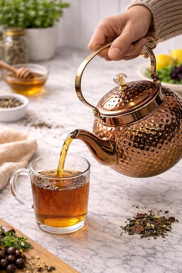 Hammered copper stainless steel tea kettle with removable infuser, 1.6L capacity, stovetop safe, ideal for brewing tea or coffee.