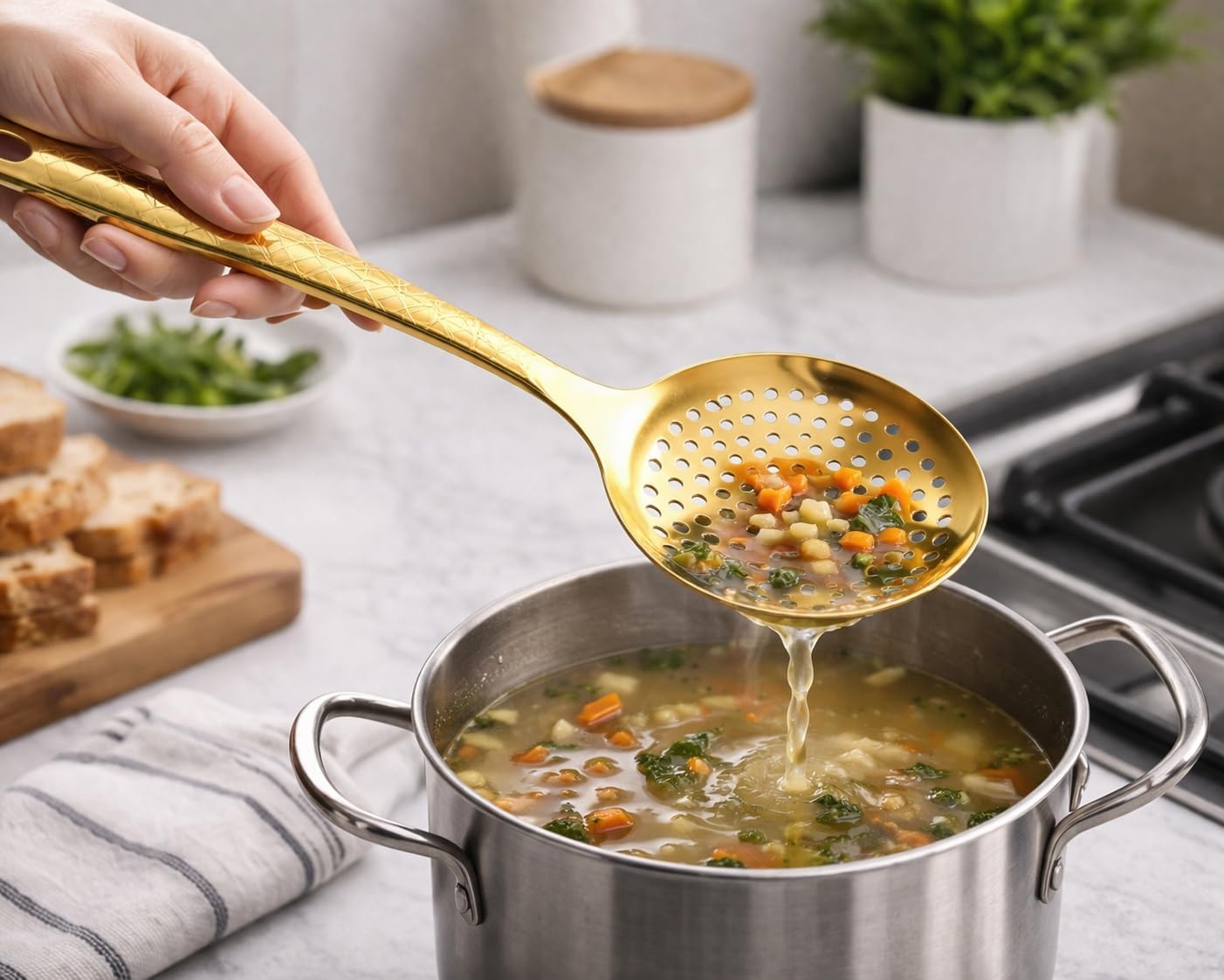 7AGAT stainless steel kitchen utensil with ergonomic handle, heat resistant, rust-resistant, dishwasher safe in silver, gold, and rainbow finishes.